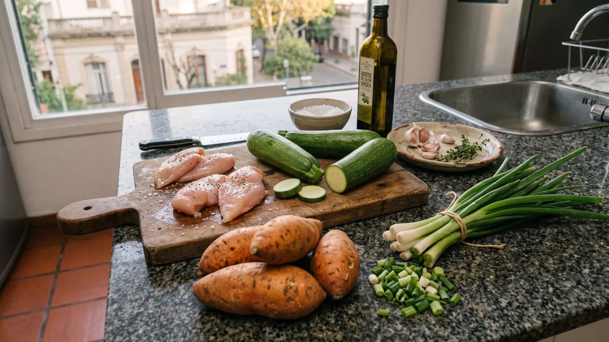 Los chefs no dudan: la cena más rápida y rica se hace en 15 minutos con pollo, zucchini, boniato y cebolla de verdeo