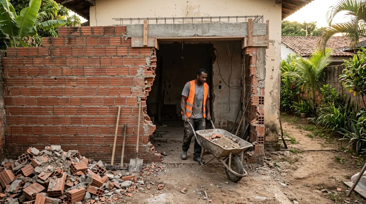 Casal passa fim de semana fora, ao voltar, descobre que vizinho abriu passagem no muro lateral para levar materiais à obra e exige fechamento da estrutura