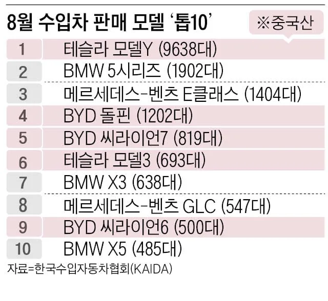 8월 수입차 판매 ‘톱10’ 모델 절반이 중국산