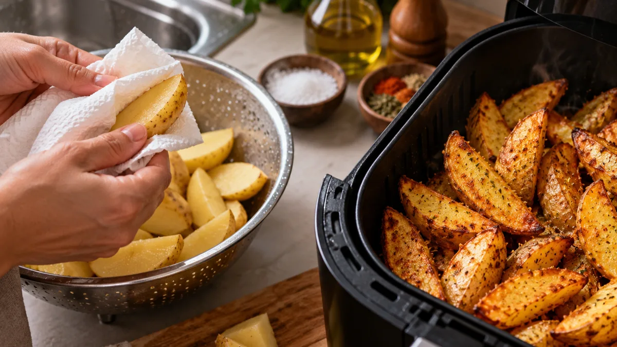 Em vez de fritar, cozinheira coloca a batata temperada diretamente na air fryer e um detalhe antes do preparo deixa a casquinha muito mais crocante