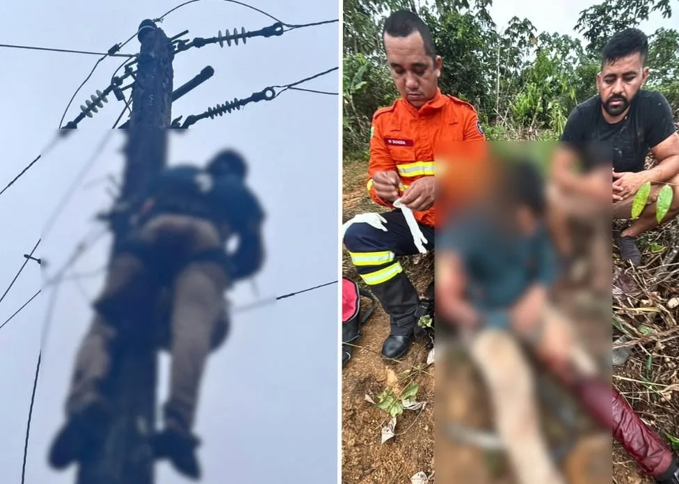 Bombeiros resgatam trabalhador que sofreu descarga elétrica em poste em Mâncio Lima