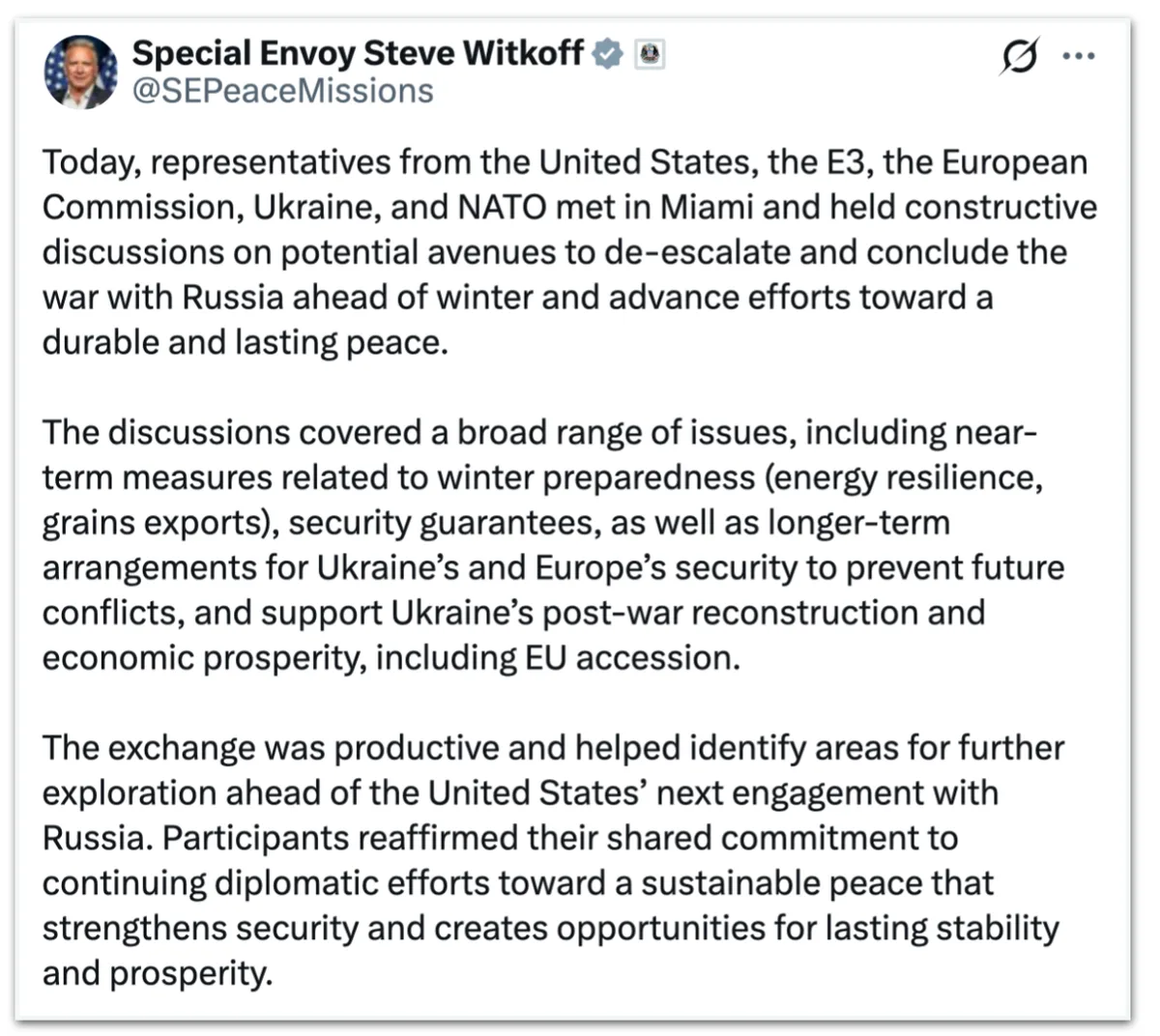 EUA, Ucrânia e Europa se reúnem em Miami para negociar fim da guerra