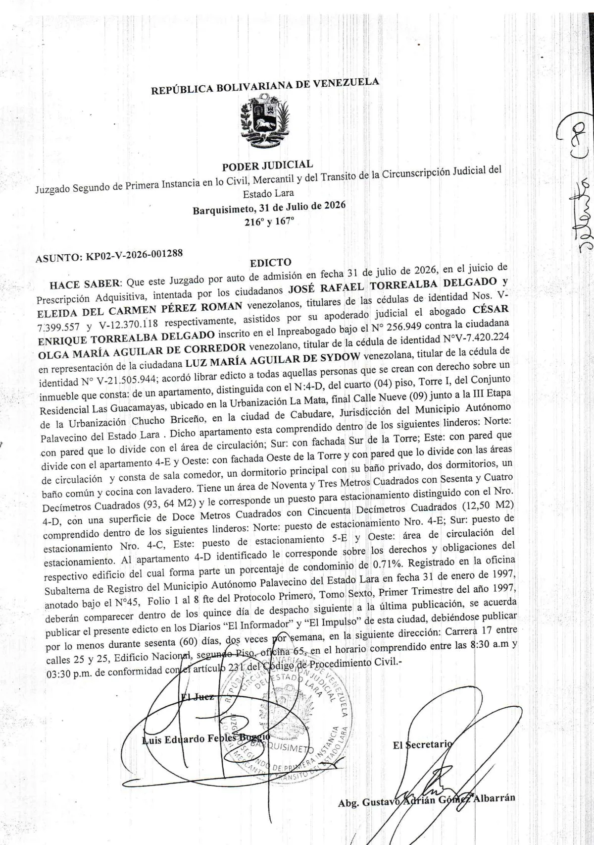 Edicto – Juicio de Prescripción Adquisitiva intentada por los ciudadanos José Rafael Torrealba Delgado y Eleida del Carmen Pérez Román, contra la ciudadana Olga María Aguilar de Corredor, cédula de identidad V-7.420.224, en representación de la ciudadana Luz María Aguilar de Sydow, cédula de identidad V-21.505.944, asunto: KP02-V-2026-001288 (13)