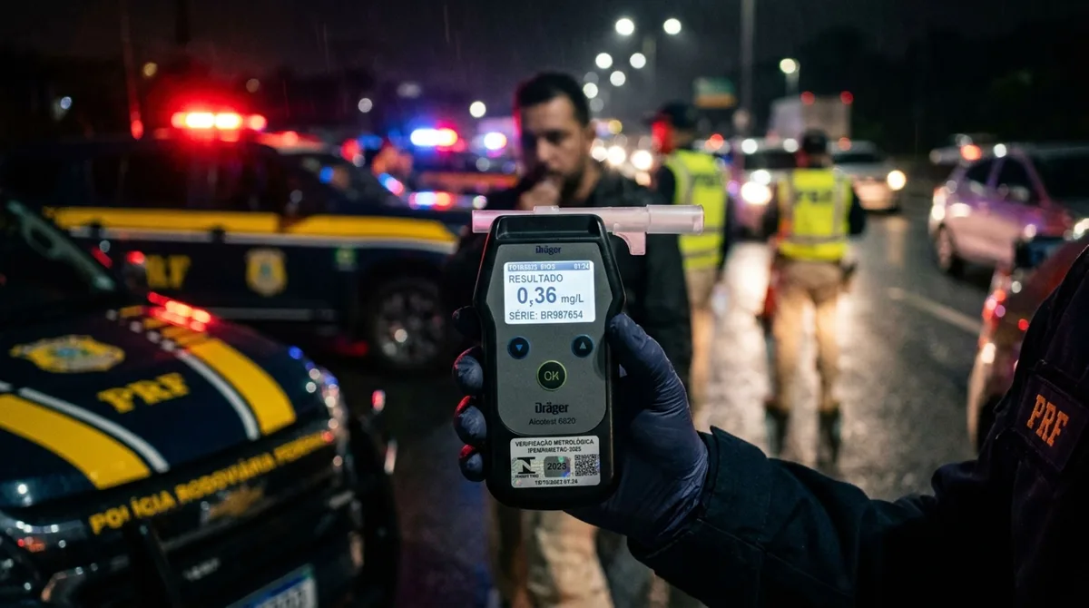 Motorista é parado em blitz da Lei Seca, aceita realizar o teste, questiona se o bafômetro está regular e pede informações sobre o aparelho, fiscalização explica quais verificações o equipamento precisa possuir