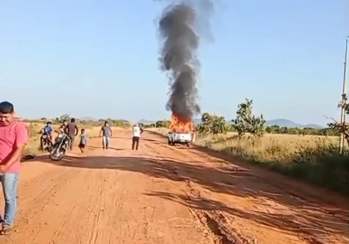 Veículo de transporte escolar pega fogo em área rural de Normandia