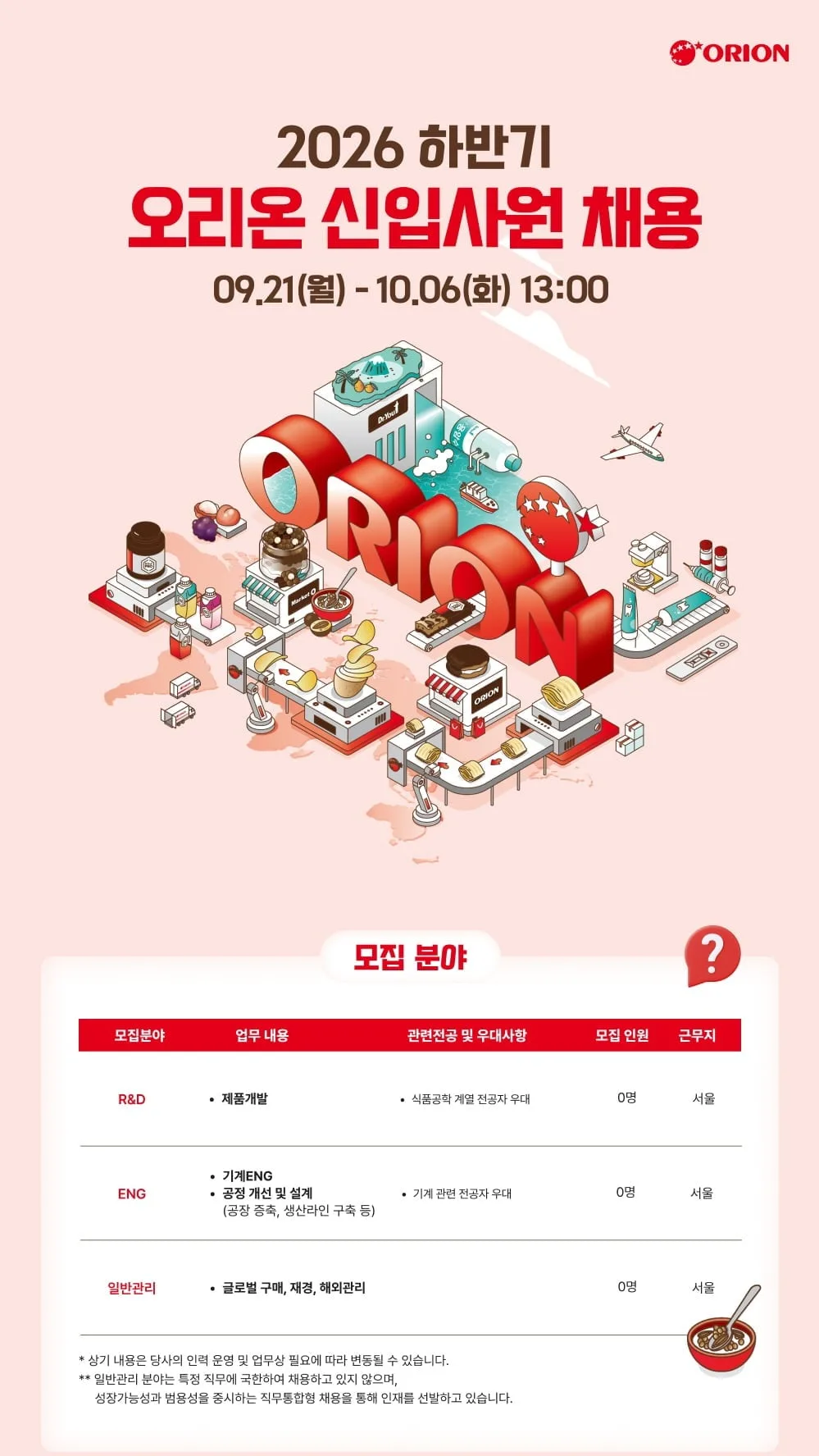 오리온, 2026년 하반기 신입사원 채용… 내달 6일까지 접수