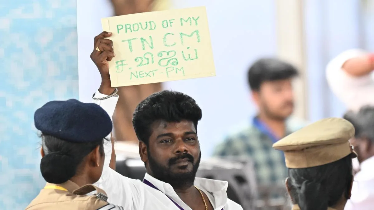 TVK cadre blow whistles during Modi’s speech, show placards hailing Vijay as ‘next PM’