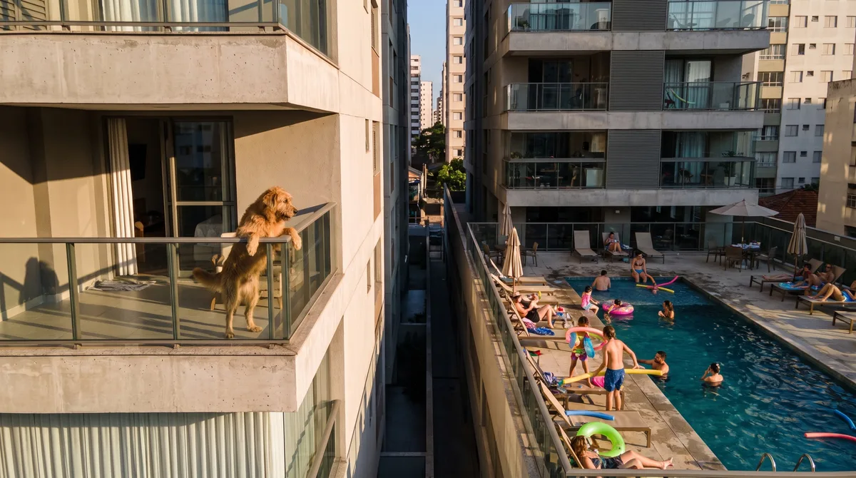 Morador começa a deixar o cachorro sozinho na varanda durante o expediente e vizinhos do prédio ao lado passam a registrar que o animal late sempre que alguém usa a piscina