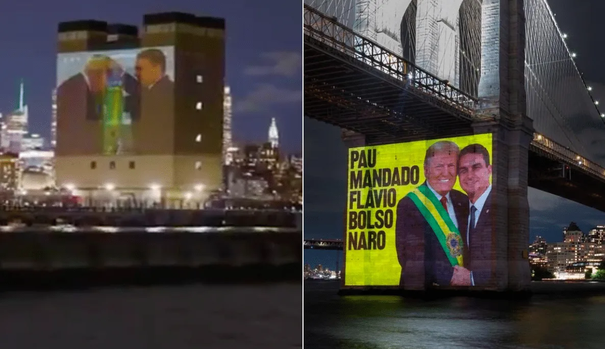 Flávio Bolsonaro entrega faixa presidencial do Brasil a Trump em projeção em NY: “Pau mandado”