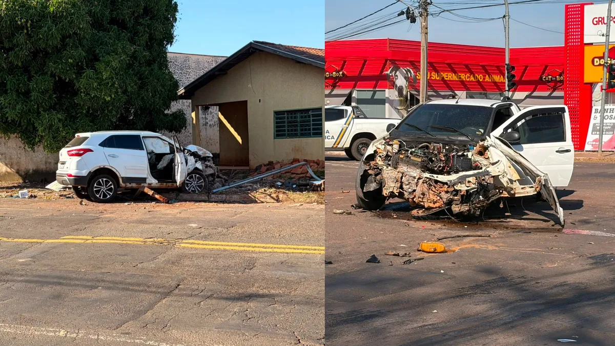 Acidente em cruzamento termina com muro de casa e veículos destruídos