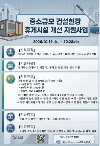 소규모 건설현장 휴게시설 개선 지원…1곳당 최대 500만원
