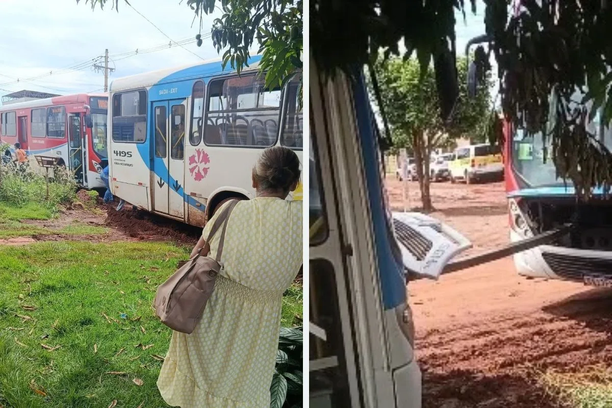 VÍDEO: ônibus atola em buraco e precisa ser resgatado por outro ônibus em MS
