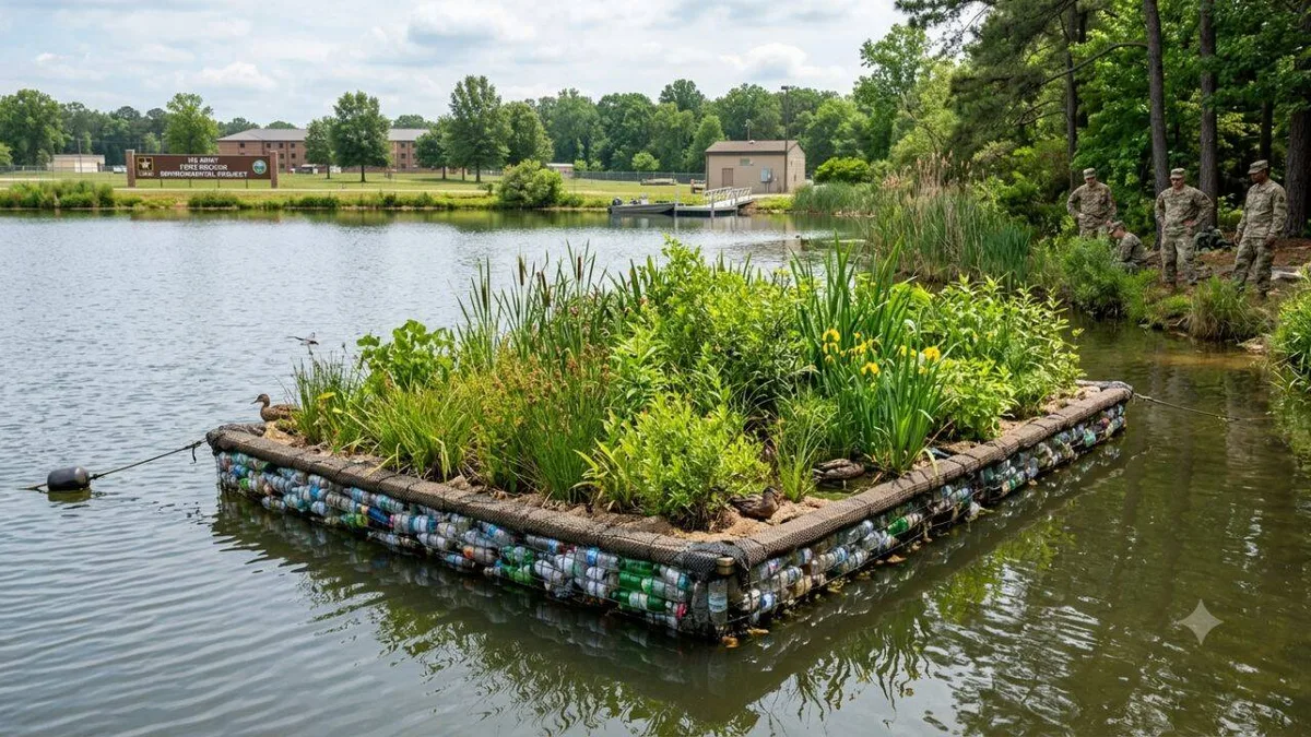 US Army builds floating island from recycled plastic bottles for wildlife