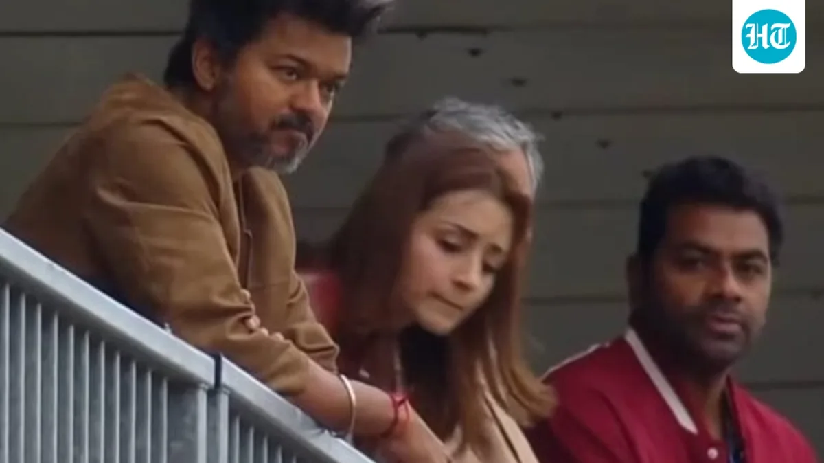 Trisha Krishnan joins TN CM Vijay, TVK minister at Ajith Kumar's Silverstone Le Mans race. Watch