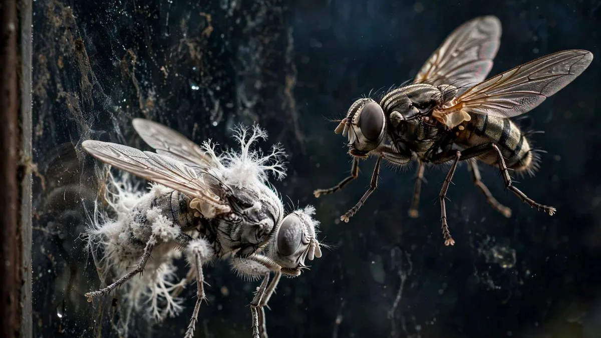 Zombie fungus uses dead female flies to infect healthy flies using spores