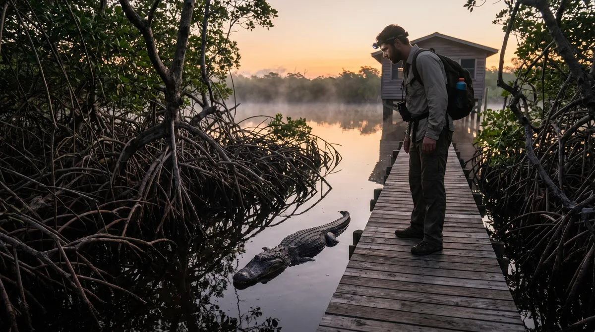 Trabalhando sozinho numa estação de pesquisa junto ao manguezal, técnico passa seis semanas encontrando o mesmo jacaré parado diante da passarela pouco antes do amanhecer, até descobrir que o animal seguia a maré por um canal estreito e usava a sombra de um barco virado como ponto de descanso
