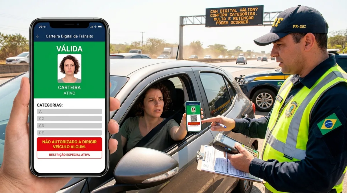 Condutor é parado em blitz, apresenta a CNH Digital e agente verifica que sua categoria não corresponde ao veículo, motorista diz que habilitação está dentro da validade e é questionado durante abordagem