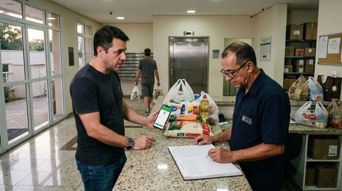 Cliente recebe compras de supermercado na portaria, percebe que faltam carnes e produtos de limpeza e reclama com a loja, mas a conferência dos comprovantes revela que um vizinho levou as sacolas destinadas ao seu apartamento