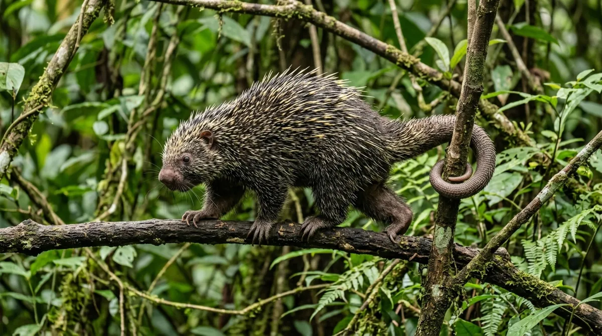 A cauda quase do tamanho do corpo funciona como uma quinta mão para este porco-espinho das árvores