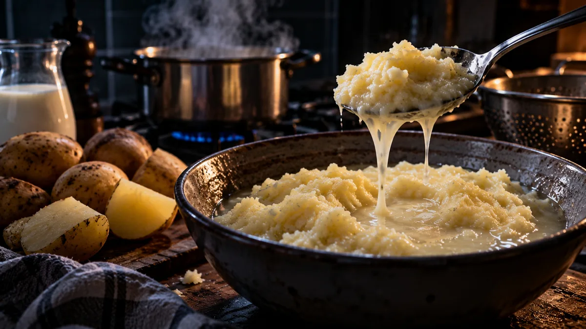 O purê pode ficar aguado mesmo sem excesso de leite quando as batatas absorvem muita água durante o cozimento e chegam encharcadas à panela