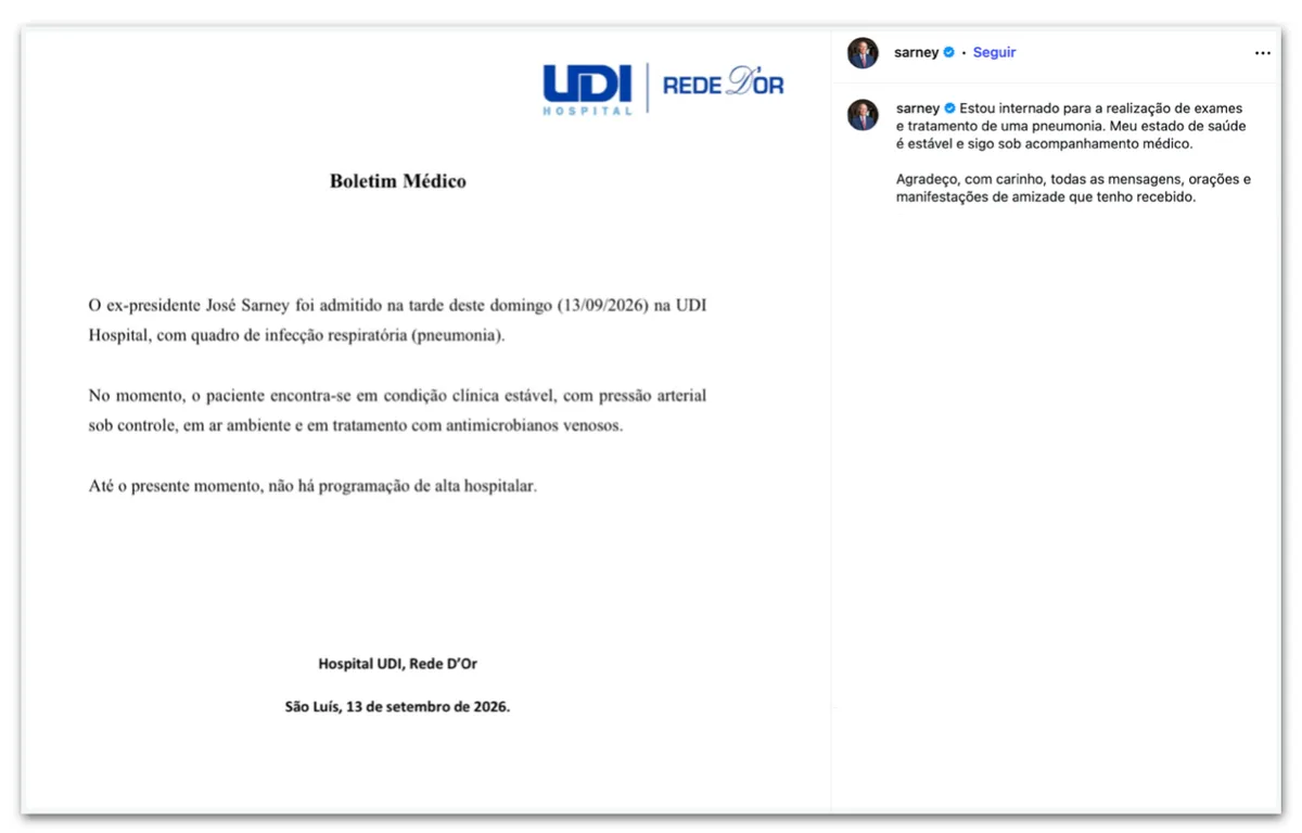 José Sarney é internado com pneumonia em São Luís