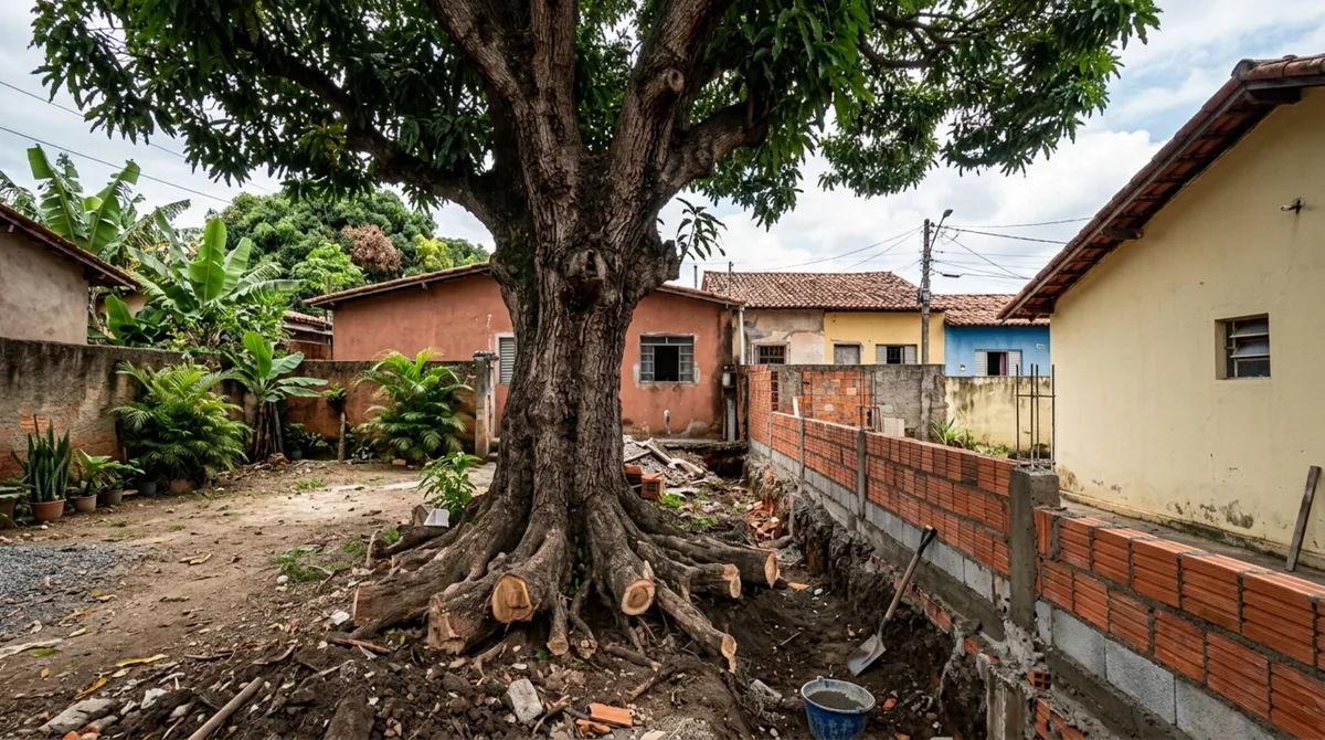 Família retorna de viagem e descobre que raízes de uma árvore antiga foram cortadas durante construção de muro, ela teme queda e cobra avaliação técnica de vizinho