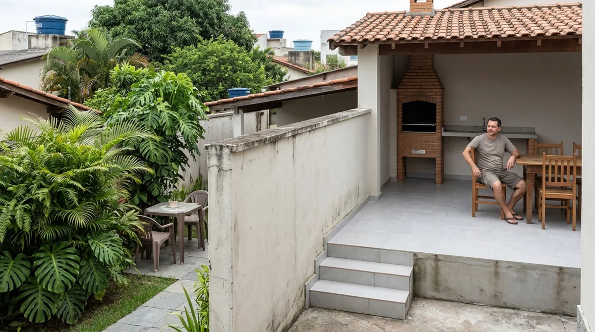 Família eleva o piso da área da churrasqueira para evitar umidade e só depois percebe que quem se senta no novo nível consegue enxergar diretamente o quintal da casa ao lado