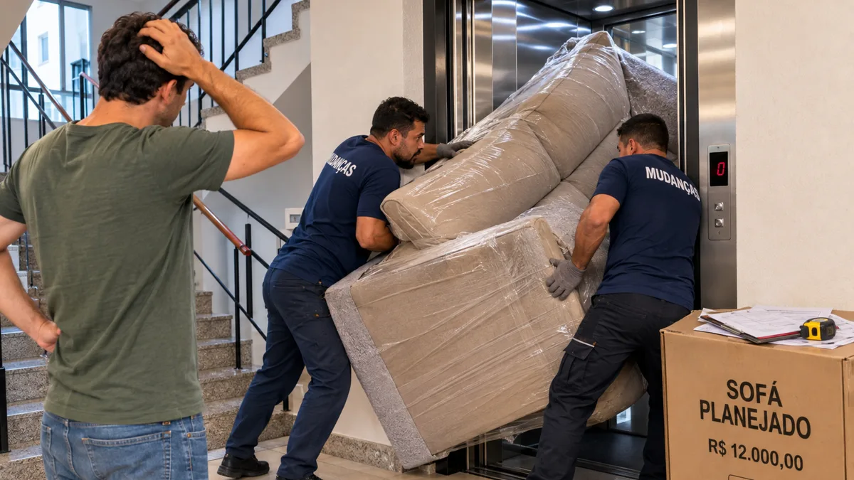 Família compra sofá planejado por R$ 12 mil e entregadores descobrem que móvel não passa pelo elevador nem pela escada