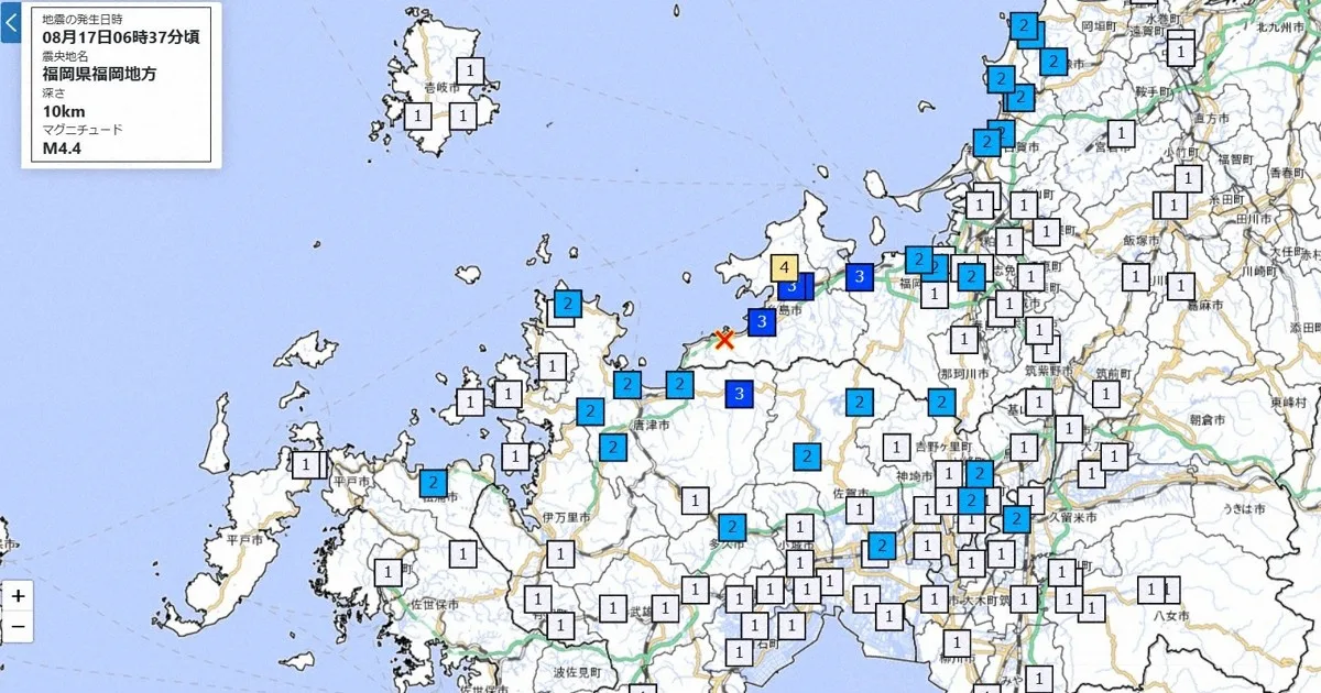 福岡で震度4 マグニチュード4.4 津波の心配なし