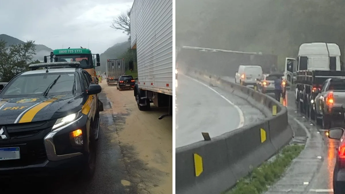 PRF libera uma faixa no sentido Sul da BR-101 após tombamento de carreta no Morro dos Cavalos e filas de quase 20 km