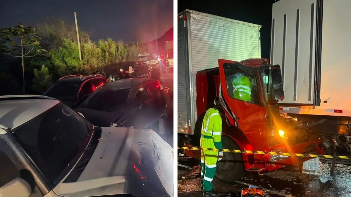 Colisão entre três caminhões na BR-101 ocorreu logo após engavetamento com sete carros; motorista foi resgatado das ferragens