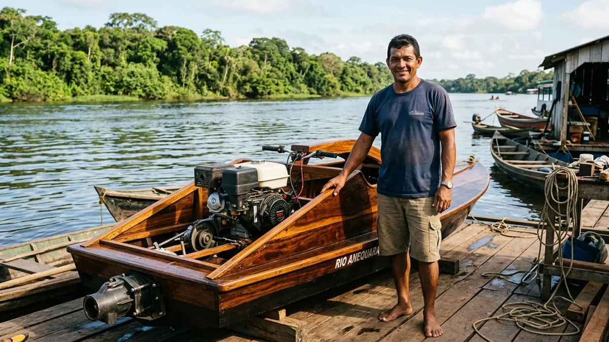 Aos 37 anos, o ribeirinho construiu com madeira um jet ski de 4,5 metros e 38 cavalos gastando menos de R$ 1.000, rodou no rio da própria comunidade, viralizou, e acabou recebendo a visita da Marinha, que embargou os testes