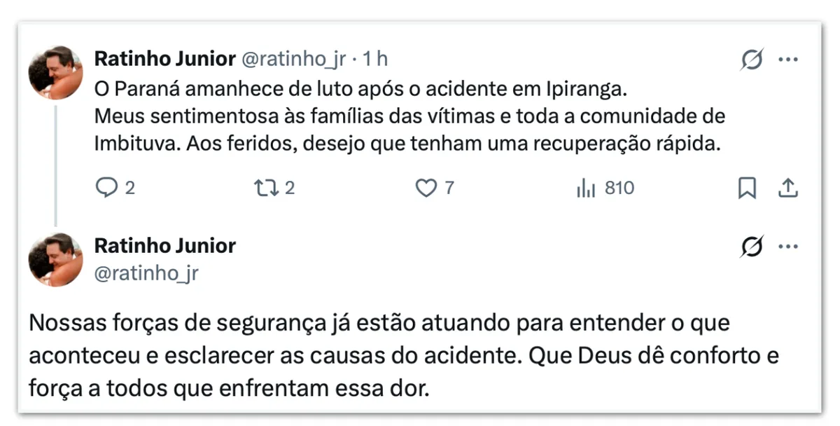 Ratinho Junior lamenta acidente no Paraná e decreta luto