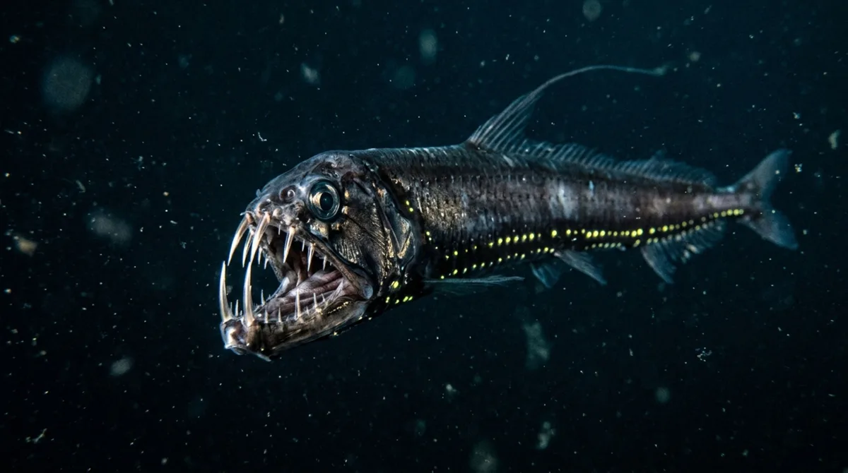 No oceano profundo, este predador possui dentes tão longos que permanecem projetados para fora mesmo com a boca fechada e formam uma armadilha para presas difíceis de encontrar