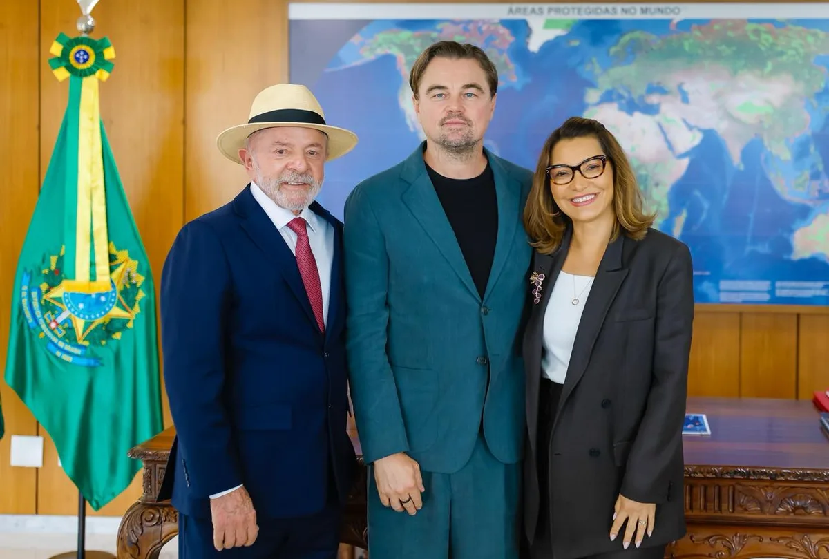 Lula e Janja recebem o ator Leonardo DiCaprio no Planalto