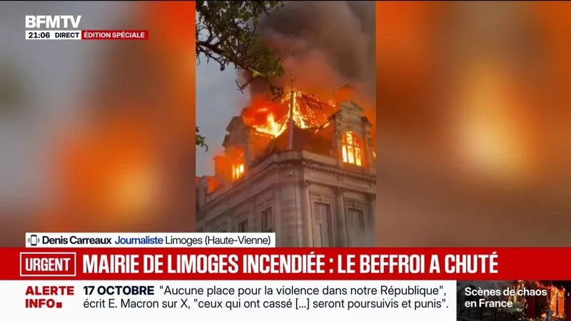 Mobilisation du 17 octobre: "L'incendie est toujours en cours" à la mairie de Limoges, déclare Denis Carreaux, journaliste sur place qui a filmé la scène