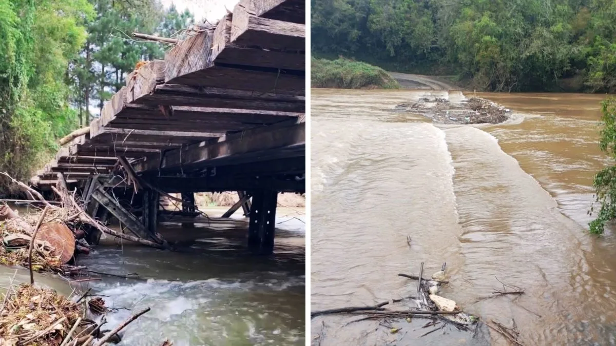 Ponte na divisa de SC e PR é interditada após cheia do rio, e condições da estrutura preocupam com ferrugem, galhos acumulados e balanço durante passagem