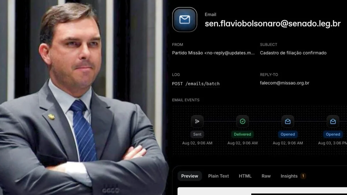 Missão afirma que avisou gabinete de Flávio Bolsonaro sobre tentativa de filiação no dia 2 de agosto e e-mails foram ignorados