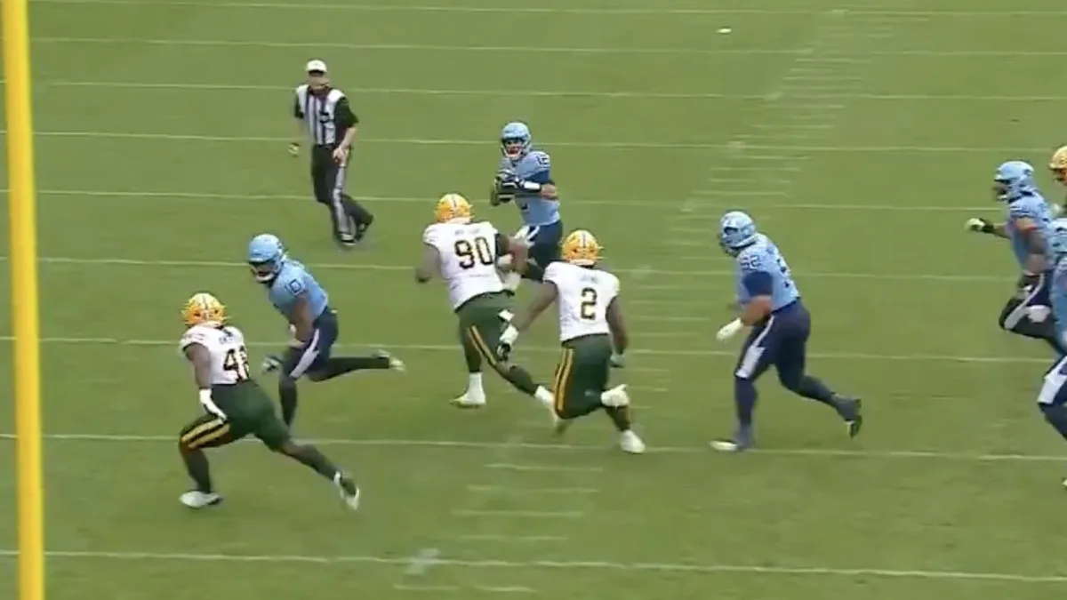 Argonauts’ Kelly spins around defence to find Miller in the end zone
