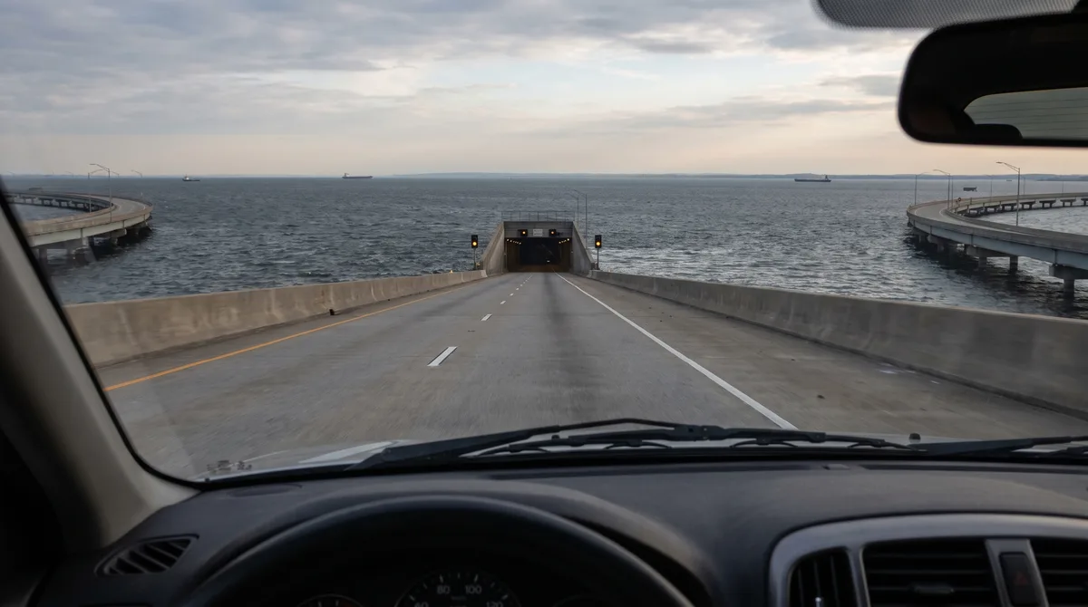 Nesta estrada sobre a Baía de Chesapeake, o asfalto desaparece duas vezes sob a água enquanto os navios passam exatamente por cima da rota dos carros