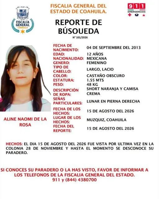 Activa Fiscalía de personas desaparecidas la búsqueda de la menor Aline Naomi, en Múzquiz, Coahuila