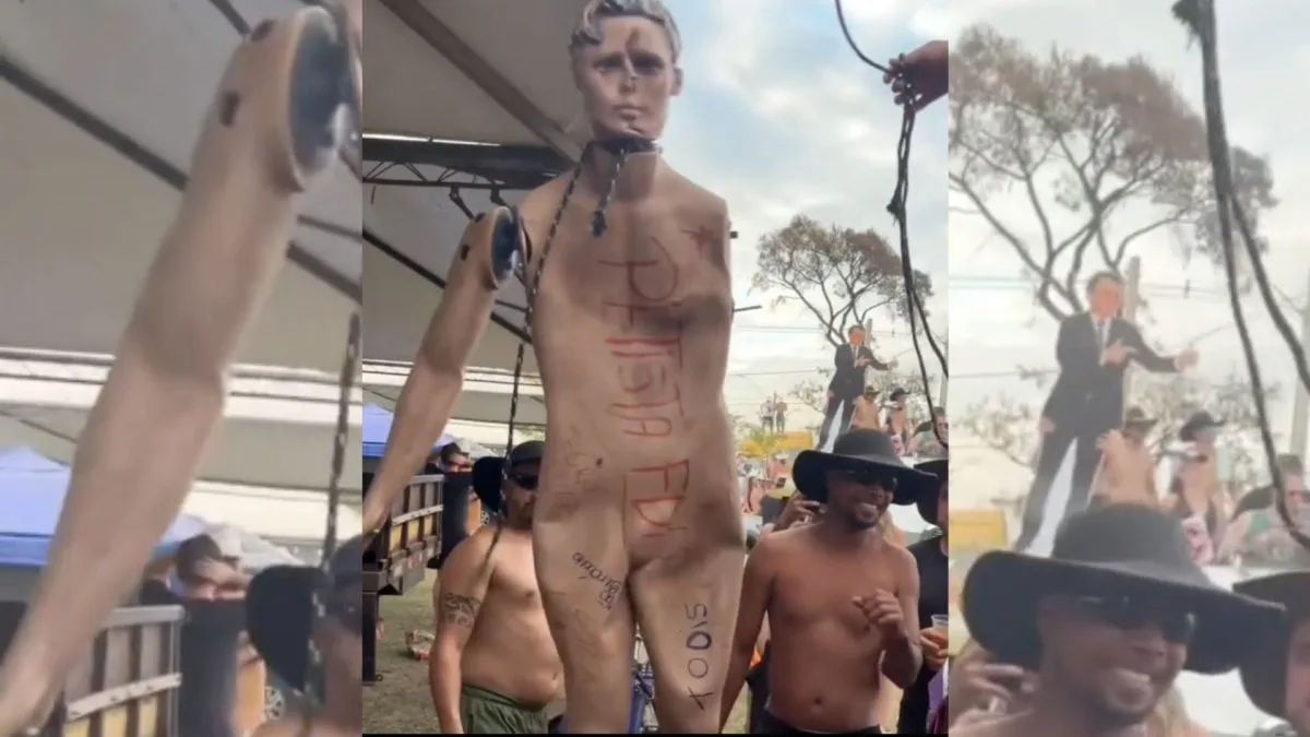 Em Barretos, grupo simula enforcamento de boneco “petista”