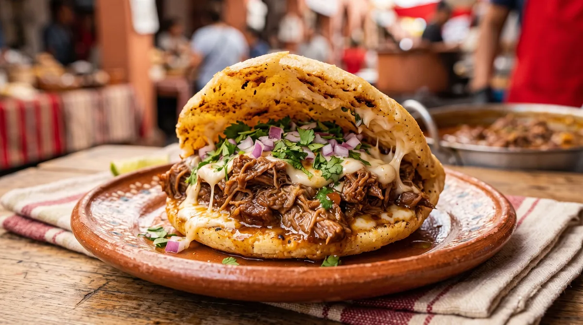 Cómo hacer arepas rellenas de birria con queso Oaxaca y consomé