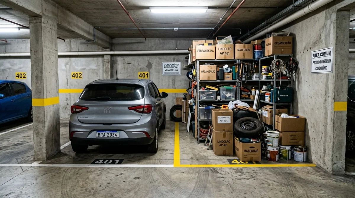 Casal instala prateleiras e transforma espaço atrás da vaga de garagem em depósito por nove anos, achando que aquela faixa fazia parte do apartamento, mas nova administração consulta a planta e exige a retirada das prateleiras e caixas