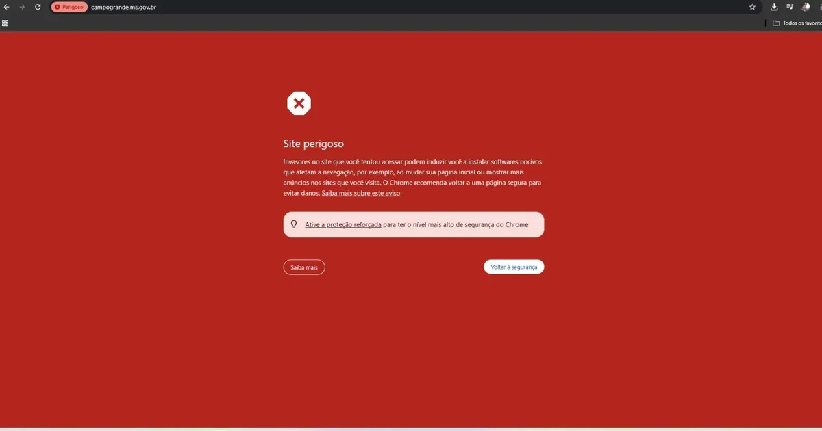 Site perigoso: alerta de segurança aparece em página da Prefeitura