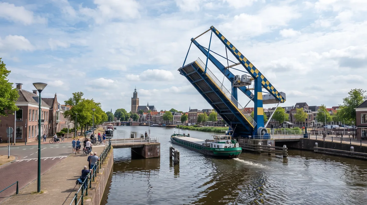 Conhecida como “ponte voadora”, esta engenhoca urbana levanta rapidamente um pedaço quadrado inteiro da rodovia para os ares por meio de um imenso braço mecânico amarelo e azul