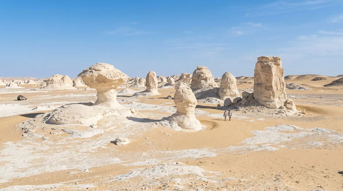 No deserto egípcio existe uma depressão coberta por enormes formações brancas de giz e calcário que se projetam da areia como esculturas naturais e parecem ter sido construídas artificialmente