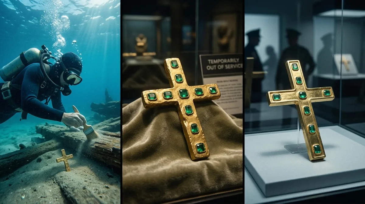 Mergulhador acha em naufrágio espanhol uma cruz de ouro de 22 quilates com sete esmeraldas, vende o tesouro ao governo das Bermudas e, anos depois, descobre que a peça verdadeira desapareceu do museu e havia sido substituída por uma réplica de plástico antes da visita da Rainha Elizabeth II