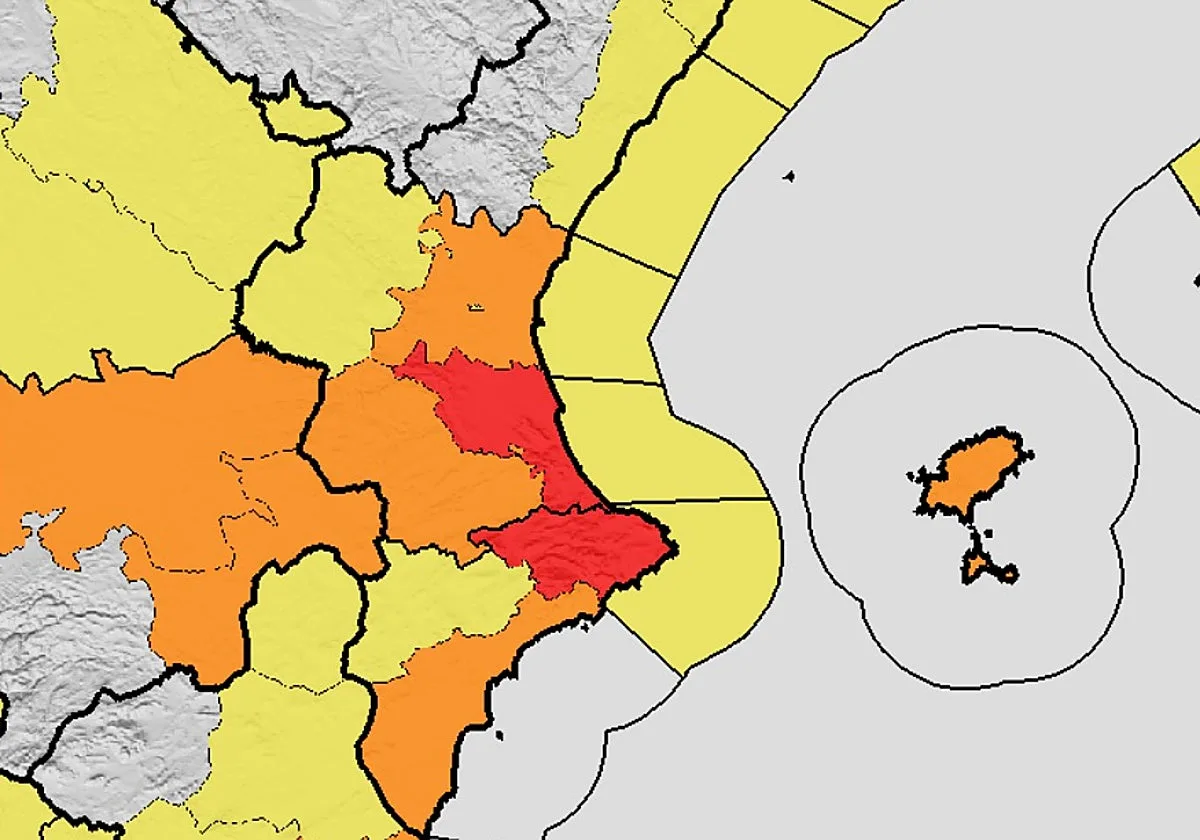 Aemet eleva a rojo el aviso por lluvias en el litoral sur de Valencia y norte de Alicante este domingo