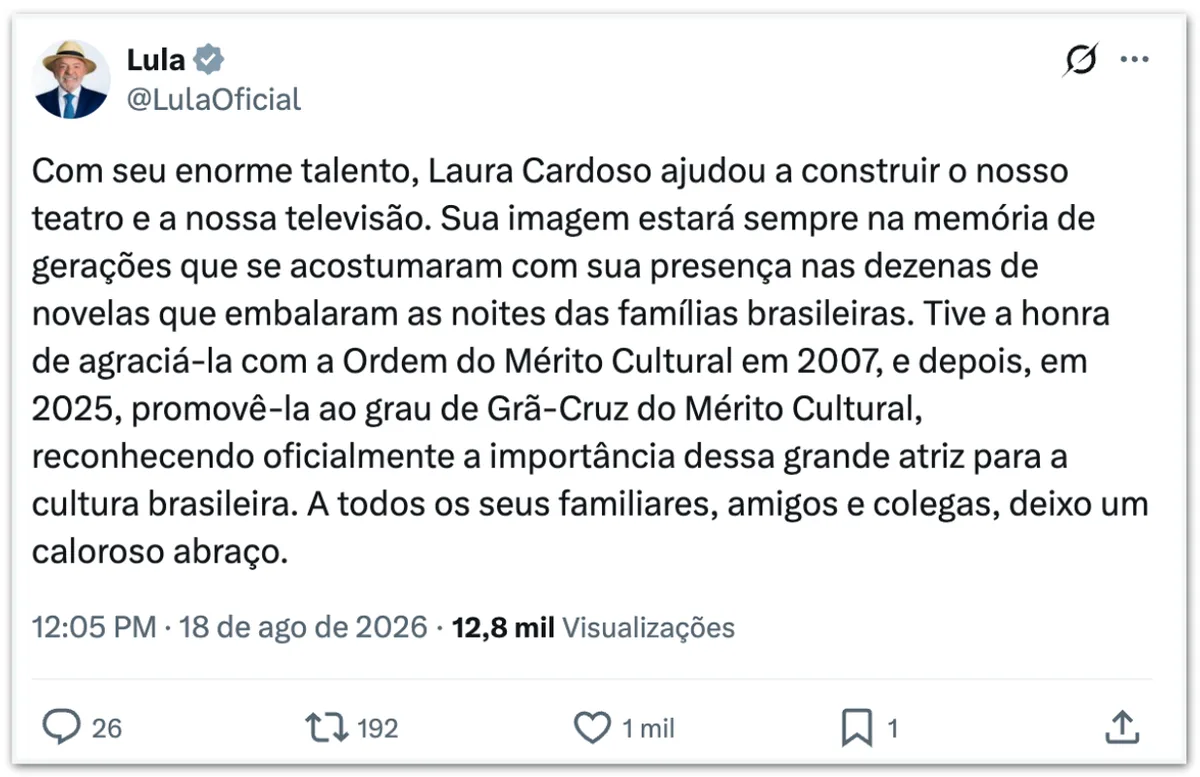 Lula lamenta morte de Laura Cardoso aos 98 anos
